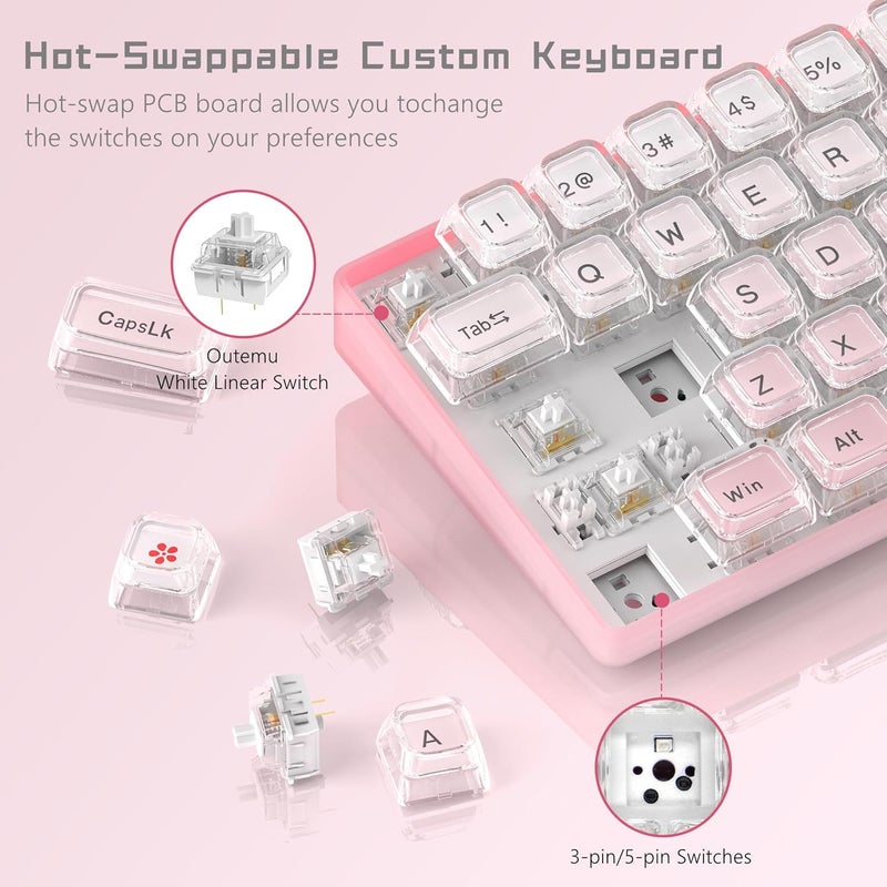Womier 60% Keyboard Gaming Pink - Wired Creamy Mechanical Keyboard, WK68 Hot-Swappable RGB Custom Mini Key Board with Arrow Keys/Software Supported, Prelubrication Linear Switch (WK68-Pink) - Image 3